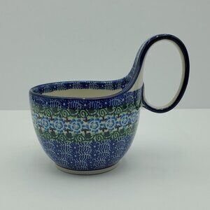 Polish Pottery Loop Handle Bowl Blue Flowers Green Ivy Handled Soup Chili Mug